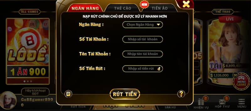 Phương thức rút tiền Go88 với ngân hàng 